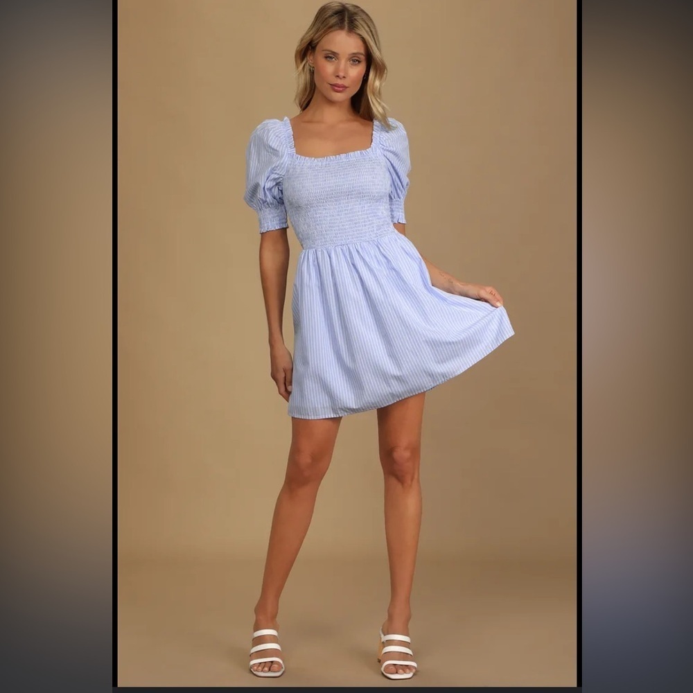 Lulus blue striped smocked skater midi dress large - Picture 5 of 8